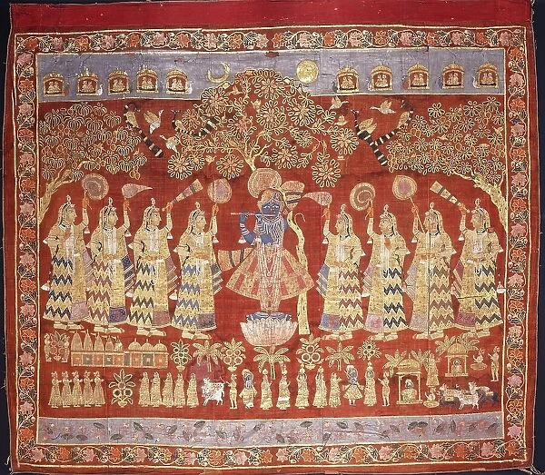 Temple Hanging (Pichvai) Depicting Krishna with Gopis, c1800. Creator: Unknown