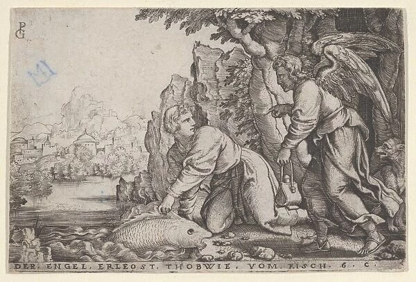 Tobiolus Catches the Fish, from The Story of Tobias, 1543. Creator: Georg Pencz