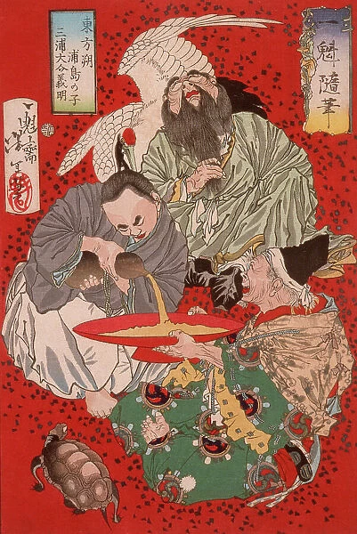 Tobosaku, Miura Daisuke Yoshiaki, and the Son of Urashima Taro Drinking Wine, 1873. Creator: Tsukioka Yoshitoshi