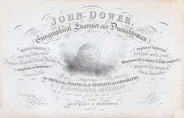 Trade card for John Dower, geographical engraver and draughtsman, 19th century