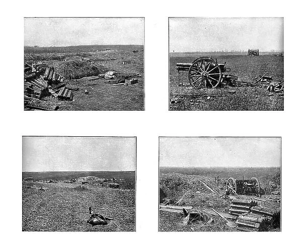 A travers le champ de bataille; anciens emplacements de batteries allemandes et pieces... 1918. Creator: Unknown