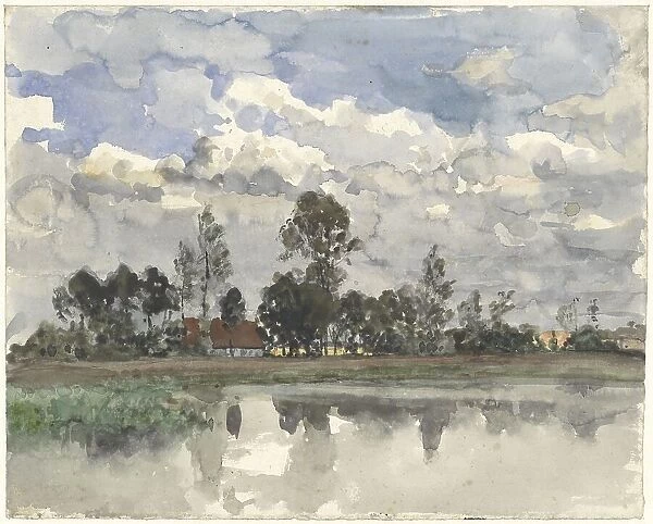 Trees reflecting in the water against a cloudy sky, 1845-1925. Creator: Julius Jacobus van de Sande Bakhuyzen
