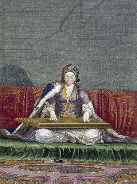 Turkish girl playing a keyboard plucking instrument, pub. 1707-08. Creator: Charles de Ferriol