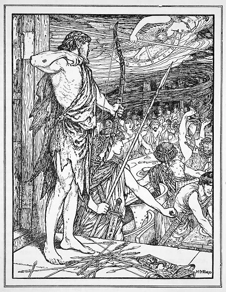 Ulysses Shoots the First Arrow at the Wooers, 1926. Artist: Henry Justice Ford