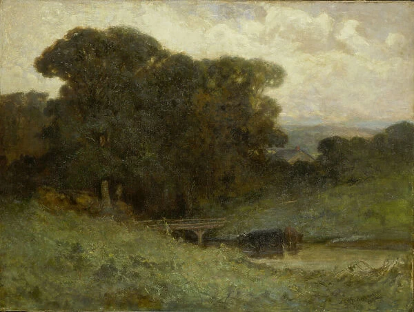 Untitled (forest scene with bridge, cows in stream in foreground), 1897