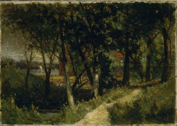 Untitled (landscape, forest scene with red fence and building), 1893