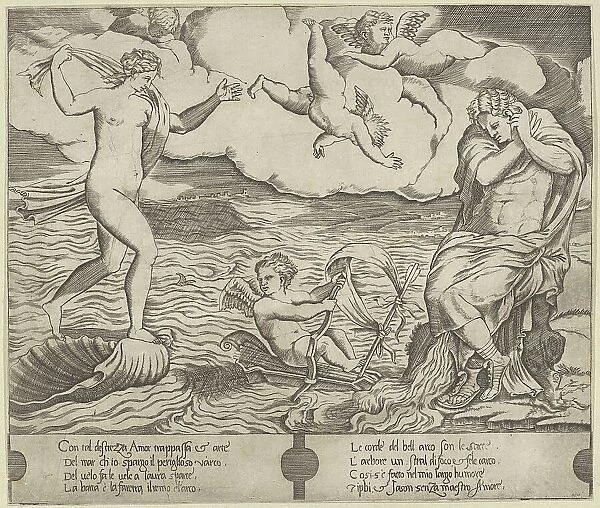 Venus riding a conch at left and cowering man (Jason) at right, Eros riding a makes... ca. 1530-50. Creator: Anon