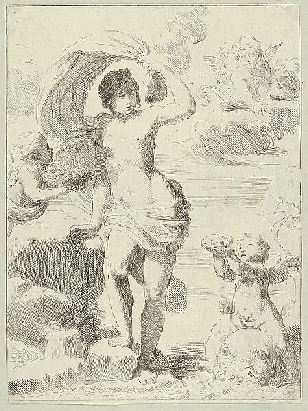 Venus stepping out of the sea, holding a billowing drapery in her left hand, Cupid.. ca. 1600-1640. Creator: Anon