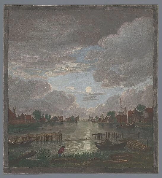 View of a canal in the vicinity of the city of Haarlem in Moonlight, 1753-1797. Creators: Pierre François Basan, Pierre Fouquet, Thomas Major