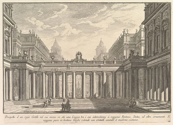 View of a courtyard with a loggia, fountains, statues, and other ornaments (Prospetto