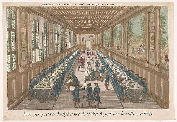 View of the dining room of the Hôtel des Invalides in Paris with a company of a meal, 1700-1799. Creator: Anon