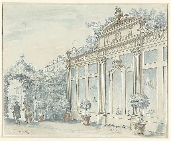View in a French garden with gentleman and lady, 1700-1800. Creator: J de Marsy