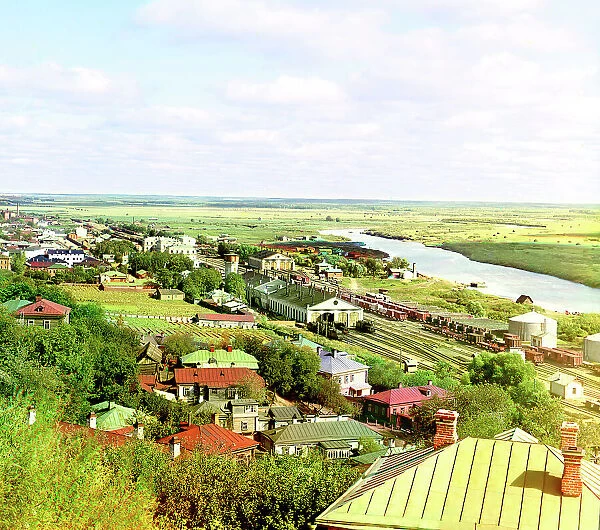View of the railroad, city of Vladimir, Klyazma River, and water-meadows, 1911. Creator: Sergey Mikhaylovich Prokudin-Gorsky