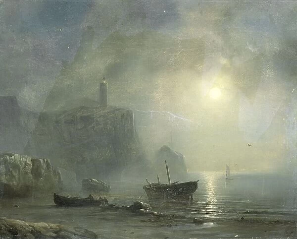 View of a Rocky Coast by Moonlight, 1830-1880. Creator: Theodore Gudin