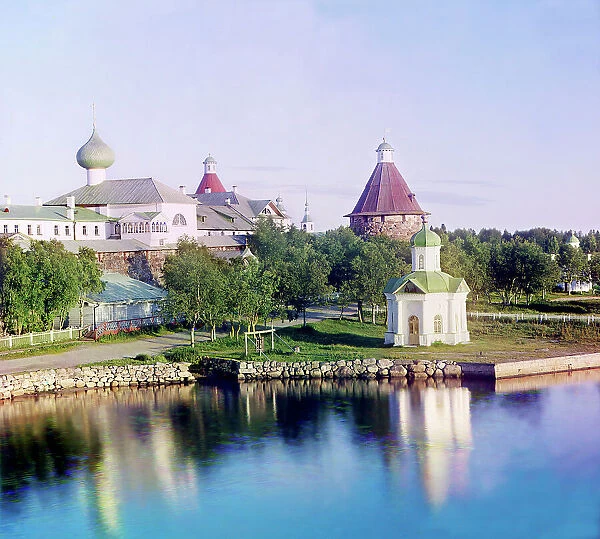 View of the [Solovetskii] monastery from the inn, Solovetski Islands, 1915. Creator: Sergey Mikhaylovich Prokudin-Gorsky