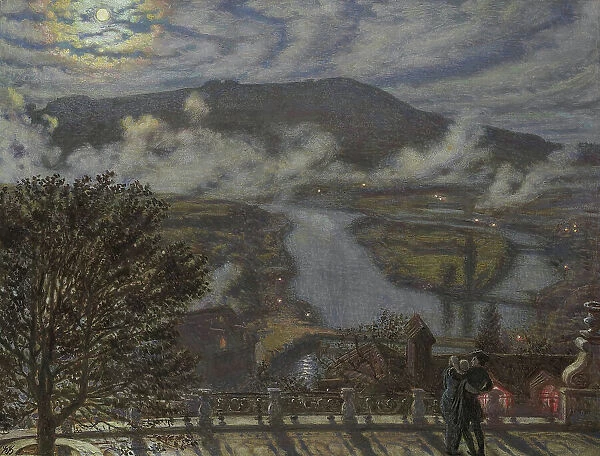 View from the terrace on a river landscape at night, 1875. Creator: William Holman Hunt