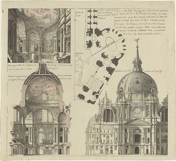 Three Views and a Plan of a Triangular Parish Church, c. 1750. Creator: Pierre Varin