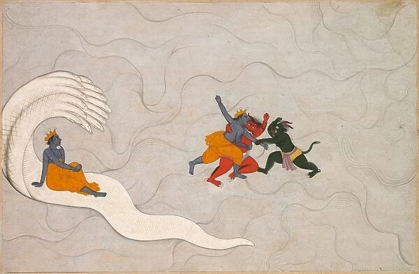 Vishnu Battles Madhu and Kaitabha, from a Markandeya Purana, c. 1760. Creator: Unknown