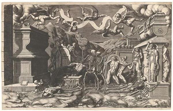 The Vision of Ezekiel; a group of corpses and skeletons emerging out of tombs