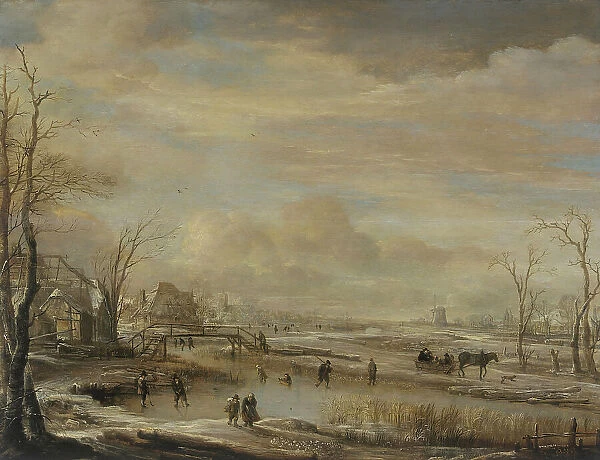 Winter landscape with a woodend bridge near some houses, between c1650 and c1660. Creator: Aert van der Neer