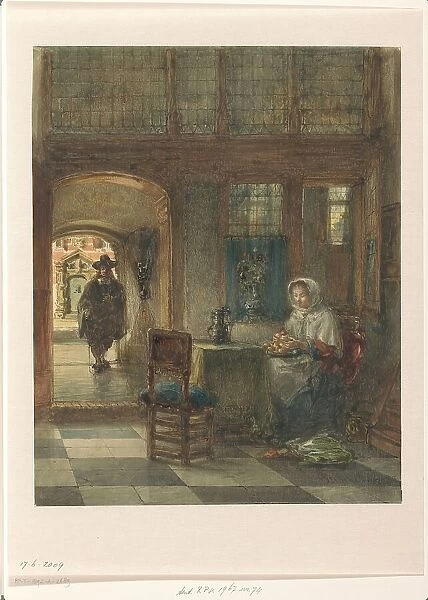 Woman peeling apples, and a man in the hallway, 1831-1892. Creator: Johannes Anthonie Balthasar Stroebel