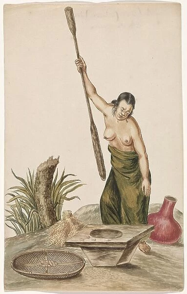 Woman pounding rice in a pestle and mortar, 1675-c.1725. Creator: Anon