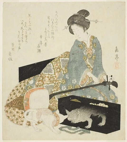 Woman with Shamisen and Cat, c. 1820s. Creator: Gakutei