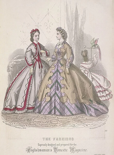 Two women and a child playing with a parrot model the latest fashions, 1864