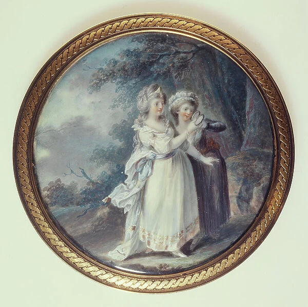 Two women in a park looking at a medallion, c1785. Creator: Ecole Francaise