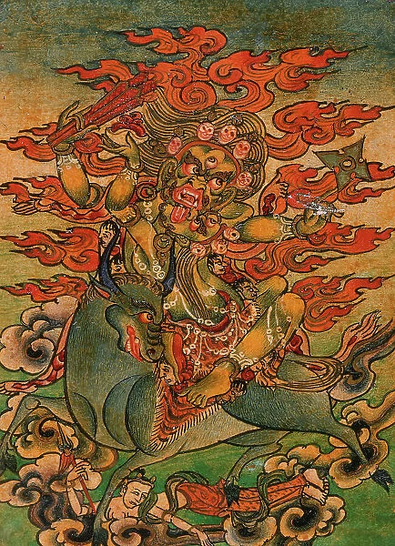 Yellow Yama (?) and Consort on Bull, Nyingmapa Buddhist or Bon Ritual Card, 18th-19th century. Creator: Unknown