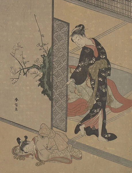 Young Lady Looking through Door at Her Kamuro (Little Servant) who is Asleep on the Floor
