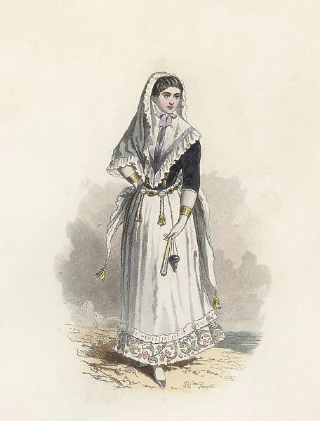 Young woman from Mallorca, color engraving 1870