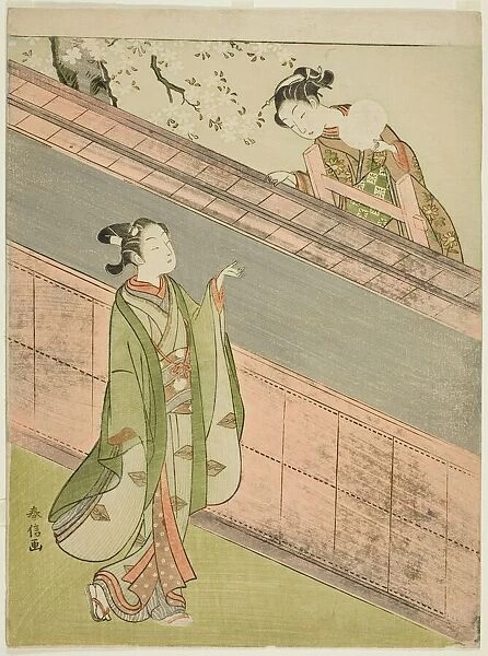 A Young Woman Returning a Ball to a Young Man, c. 1767. Creator: Suzuki Harunobu