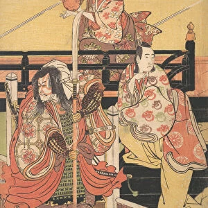 On a Balcony a Woman is Seated Playing a Tsuzumi, below a Man in Daimyo Costume is Sea