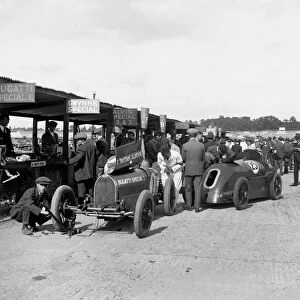 Bugatti Special 1 and Gwynne Special in the pits at a BARC meeting, Brooklands, 1933