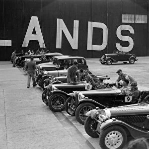 Cars on the start line at the MCC Members Meeting, Brooklands, 10 September 1938