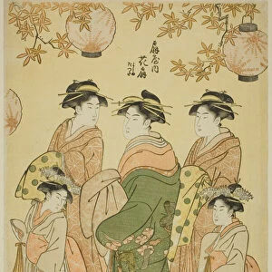 The Courtesan Hanaogi of the Ogiya, with Child Attendants Yoshino and Tatsuta, c. 1793. Creator: Hosoda Eishi