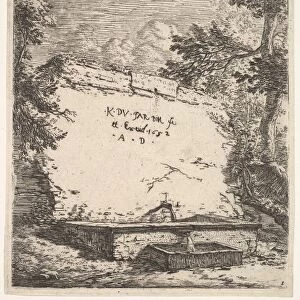 Frontispiece with stepped fountain; a stone wall with water spout pouring water into a