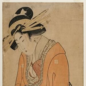 Geisha Standing Beside a Shamisen Case, c. 1810. Creator: Utamaro II (Japanese)