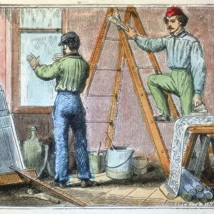 Glazier and wallpaper hanger working in a house, 1867