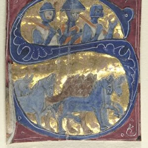 Historiated Initial (S) Excised from a Bible: Soldiers and Horses, 1200s. Creator: Unknown