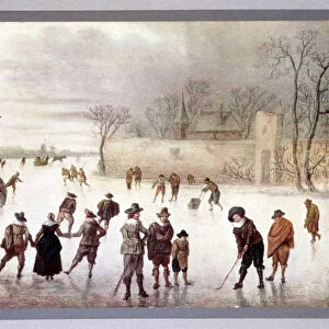 Illustration of people playing golf on frozen water, c18th century