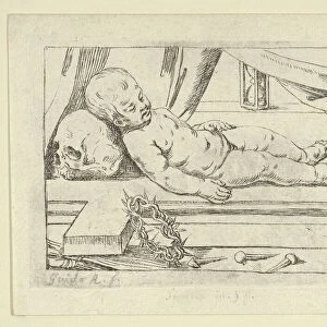 The infant Christ asleep on a cross, his head resting on a skull, a crown of thorn... 17th century. Creator: Anon