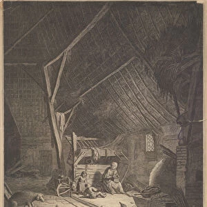 Interior of a Barn with Mother and Two Children, Right in Front a Pig (copy)