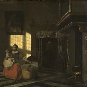 Interior with a Mother close to a Cradle, ca 1665