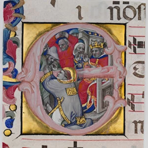 Manuscript Illumination with the Martyrdom of Saint Stephen in an Initial E