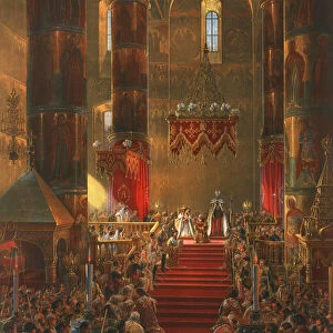 The Metropolitan genuflects at the coronation ceremony of Tsar Alexander II, Moscow, 1856. Artist: Georg Wilhelm Timm