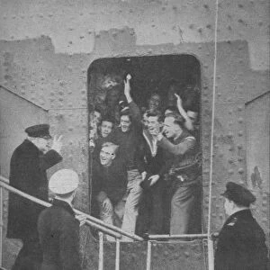 Mr. Churchill gives the V-Sign to cheering members of the ships crew, 1943-1944