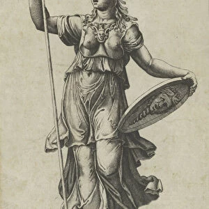 Pallas Athena standing on a globe, a spear in her left hand, a shield in her right, ... ca. 1520-27. Creator: Marcantonio Raimondi