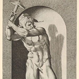 Plate 19: Vulcan standing in a niche swinging a hammer, with an anvil, hammer